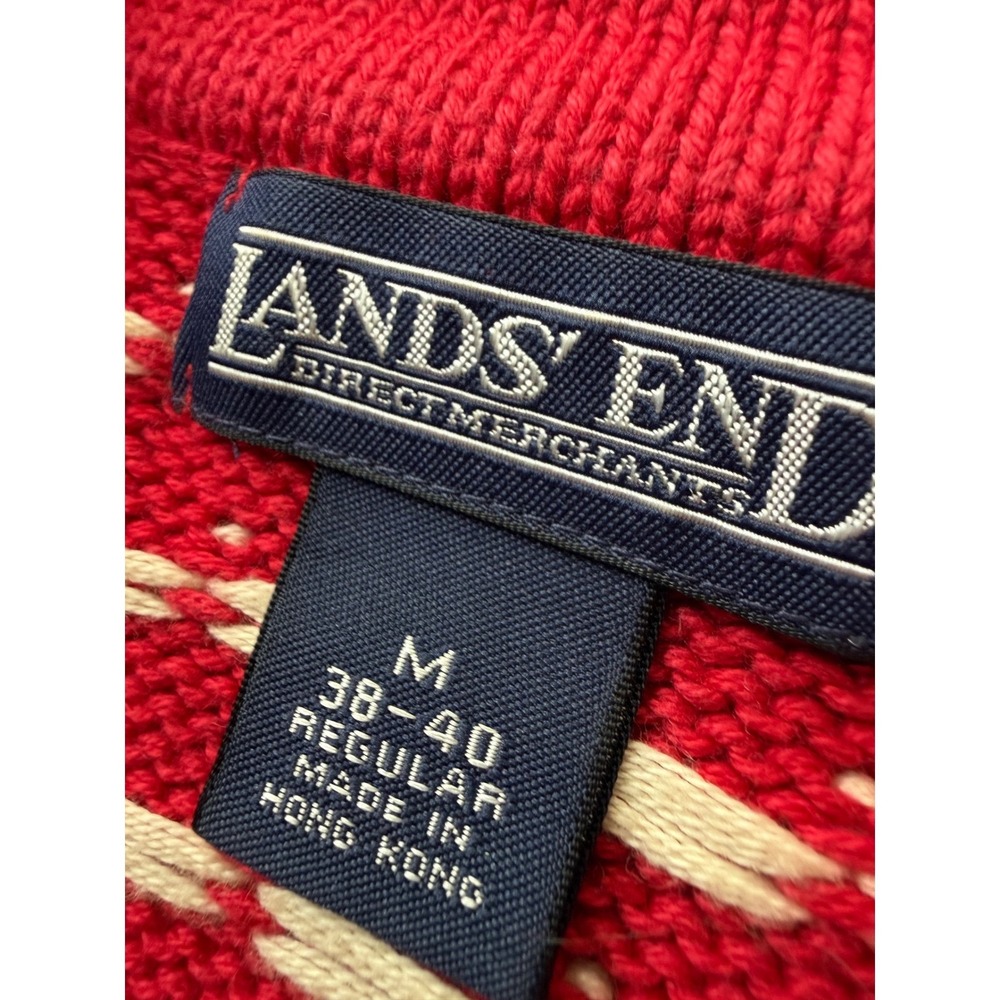 Lands End Mens M 38-40 Fair Isle Nordic Sweater Red Cream 1/4 Zip 100% Cotton - Picture 4 of 11